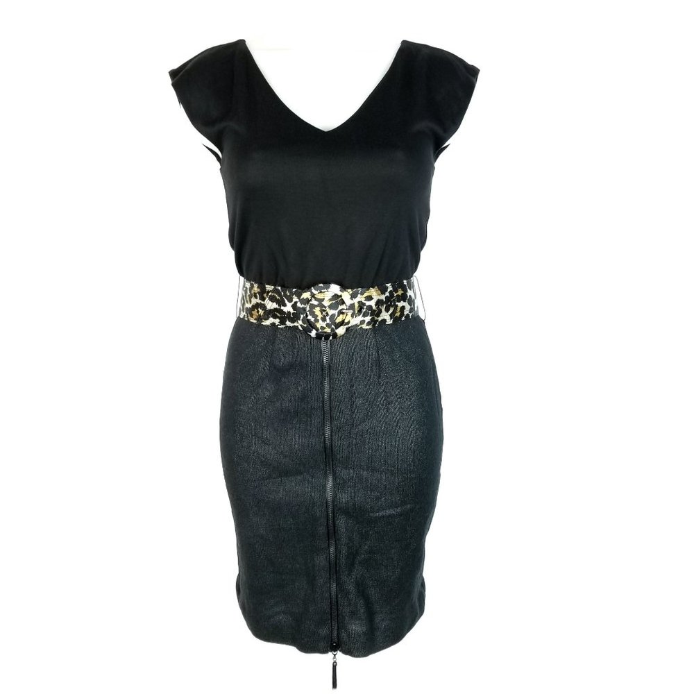 ALICE + OLIVIA Belted Sheath Dress Black Animal Print Sleeveless Womens size XS